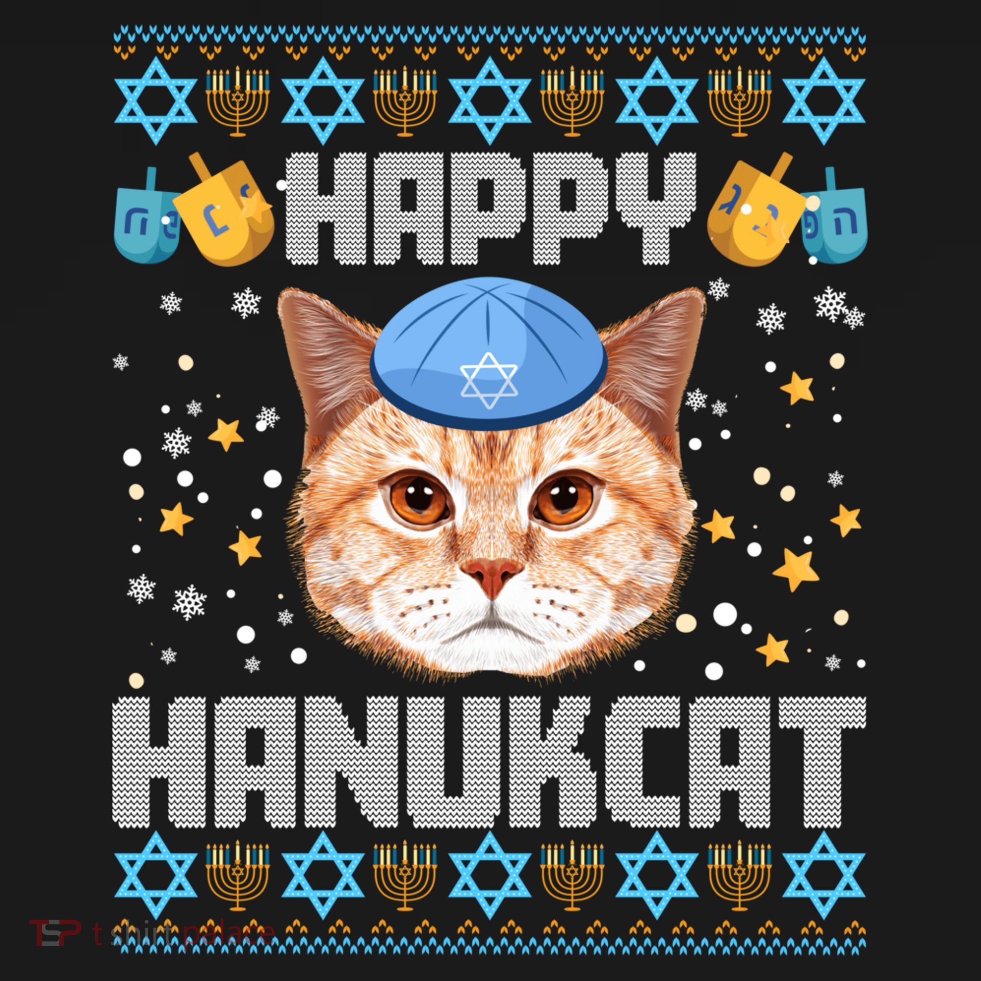 Happy Hanukcat Ugly Hanukkah Sweater Cat Chanukah Jewish Long Sleeve Women's Hoodie