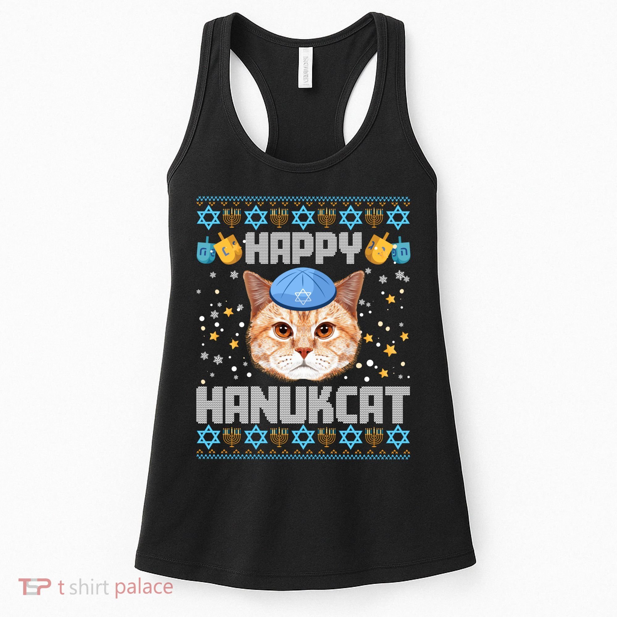 Happy Hanukcat Ugly Hanukkah Sweater Cat Chanukah Jewish Long Sleeve Women's Tank Top