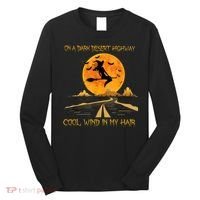 Happy Halloween Witch Riding Brooms On A Dark Desert Highway Long Sleeve Shirt thumb 0