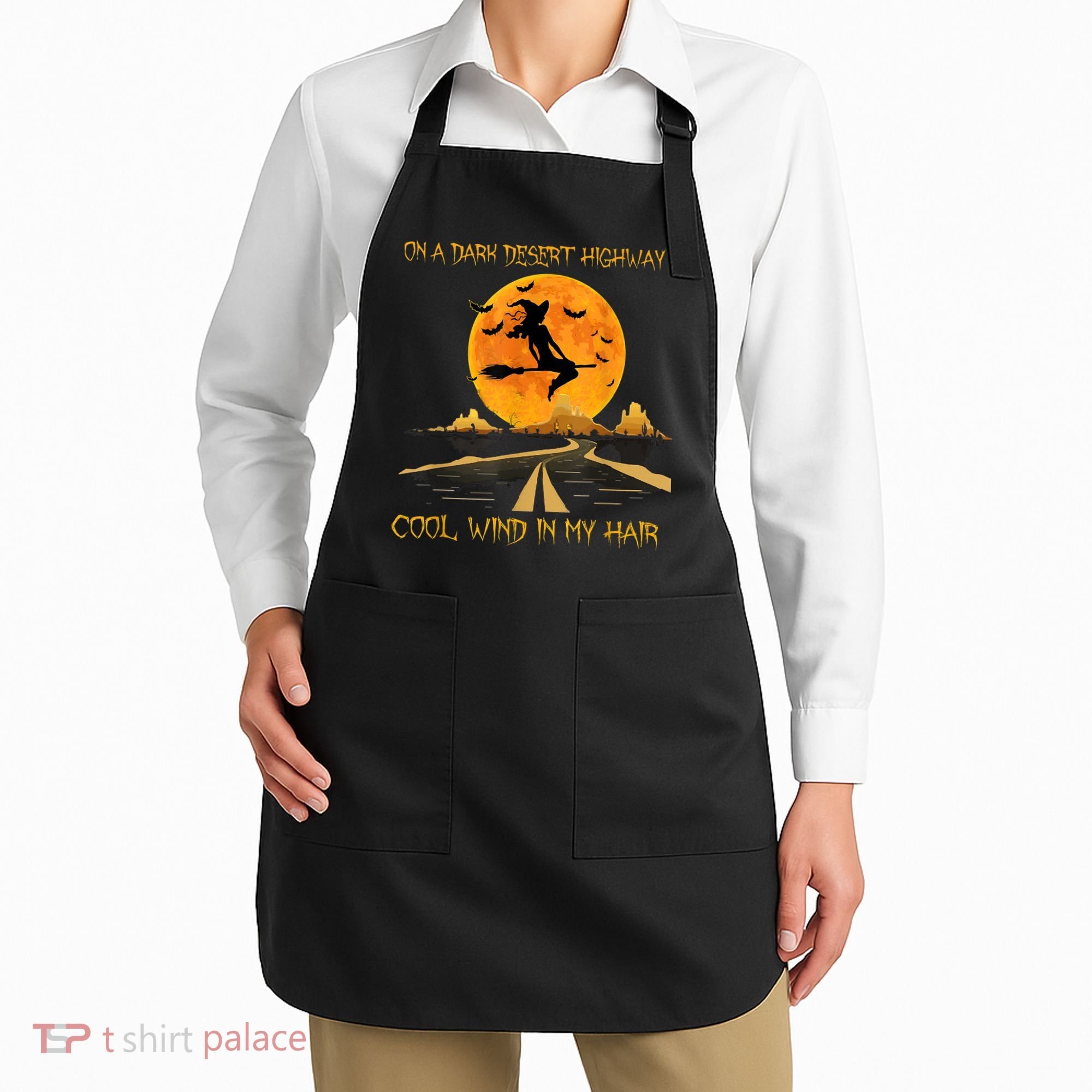 Happy Halloween Witch Riding Brooms On A Dark Desert Highway Apron