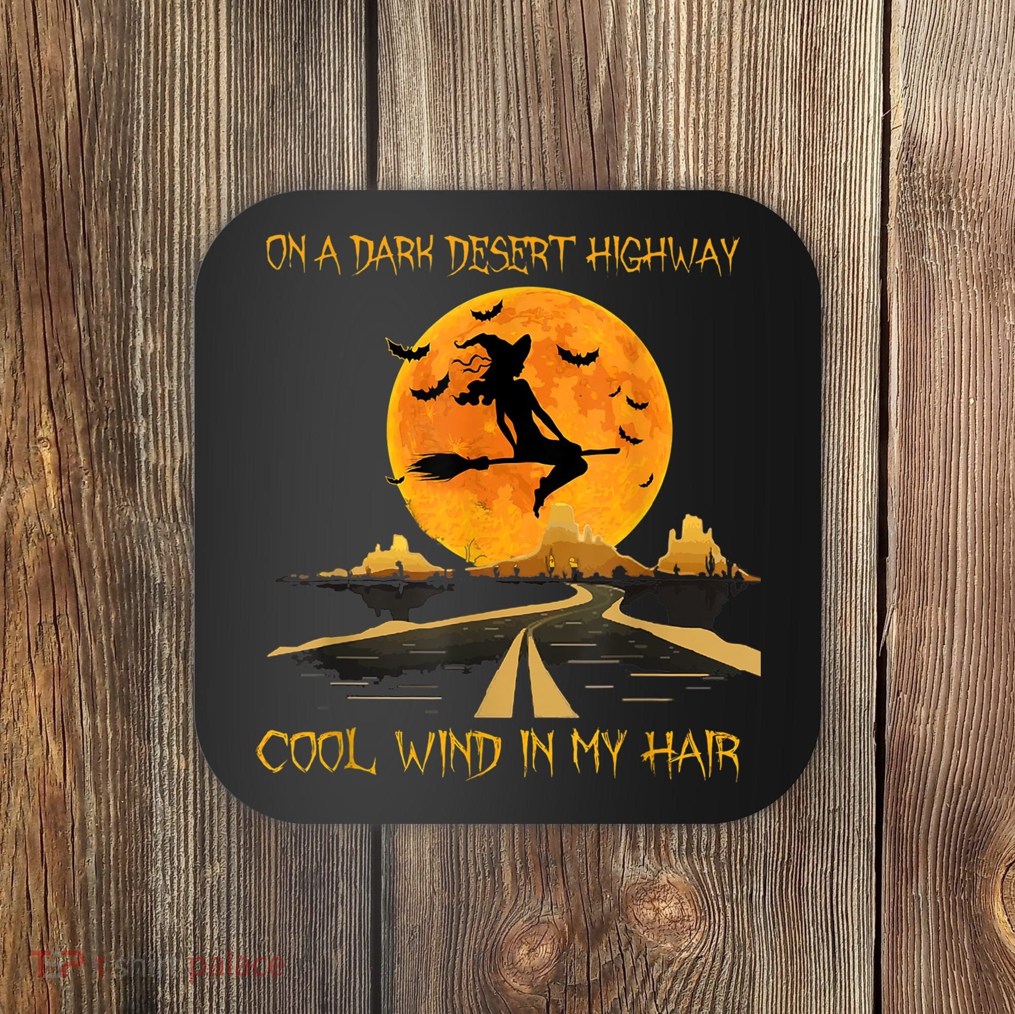Happy Halloween Witch Riding Brooms On A Dark Desert Highway Coaster