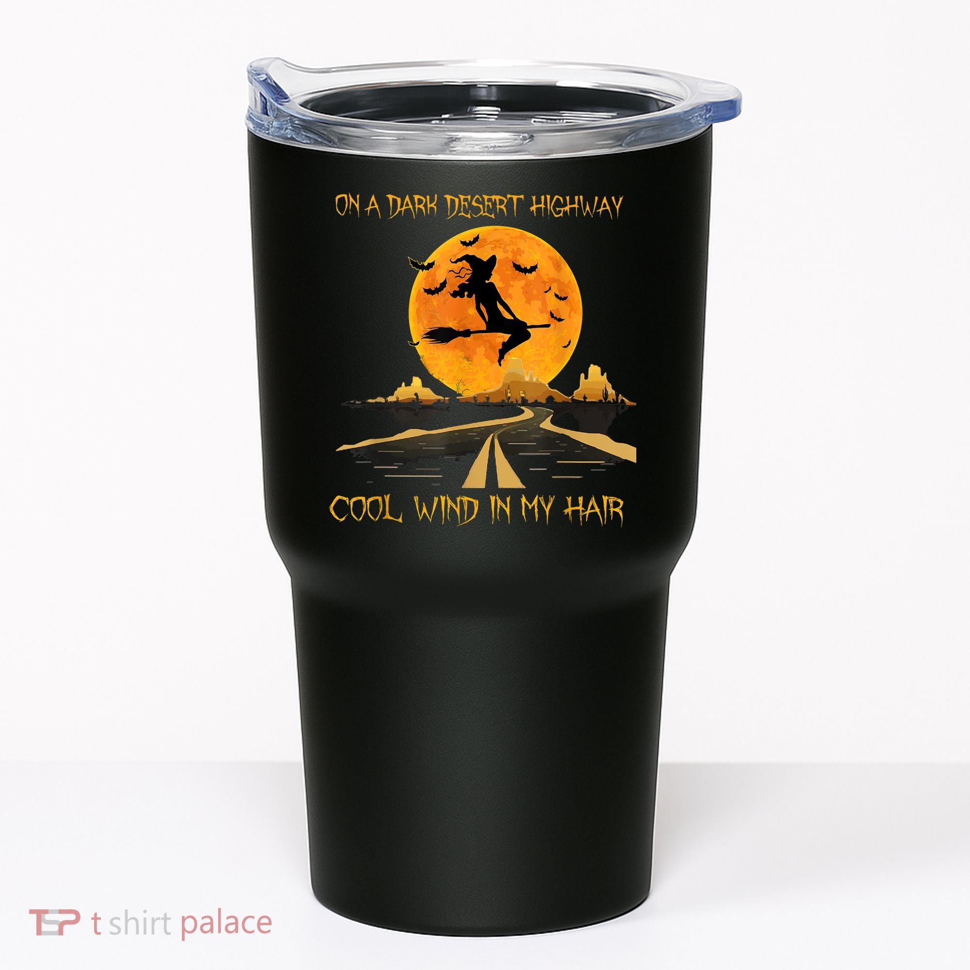 Happy Halloween Witch Riding Brooms On A Dark Desert Highway Tumbler