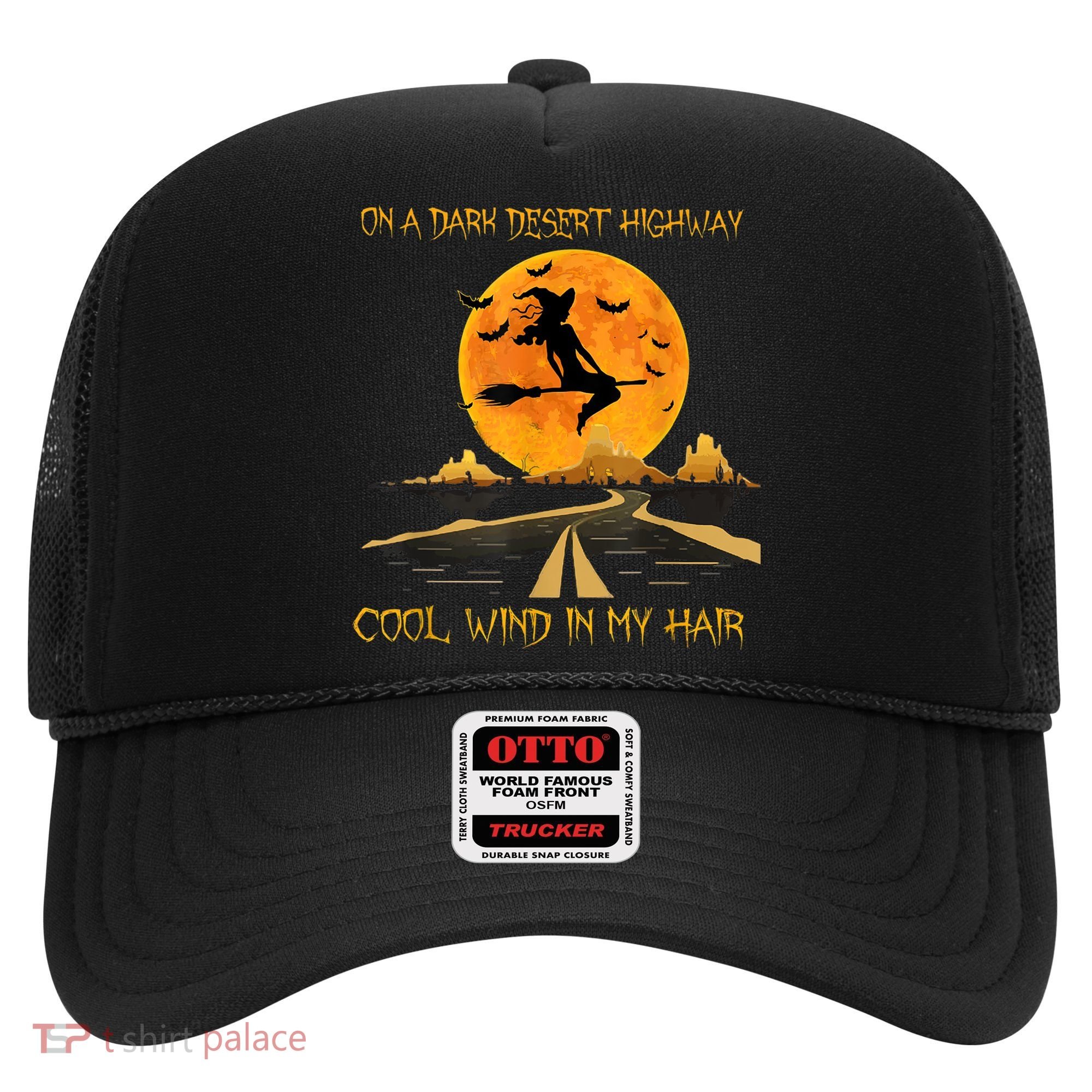 Happy Halloween Witch Riding Brooms On A Dark Desert Highway Hat