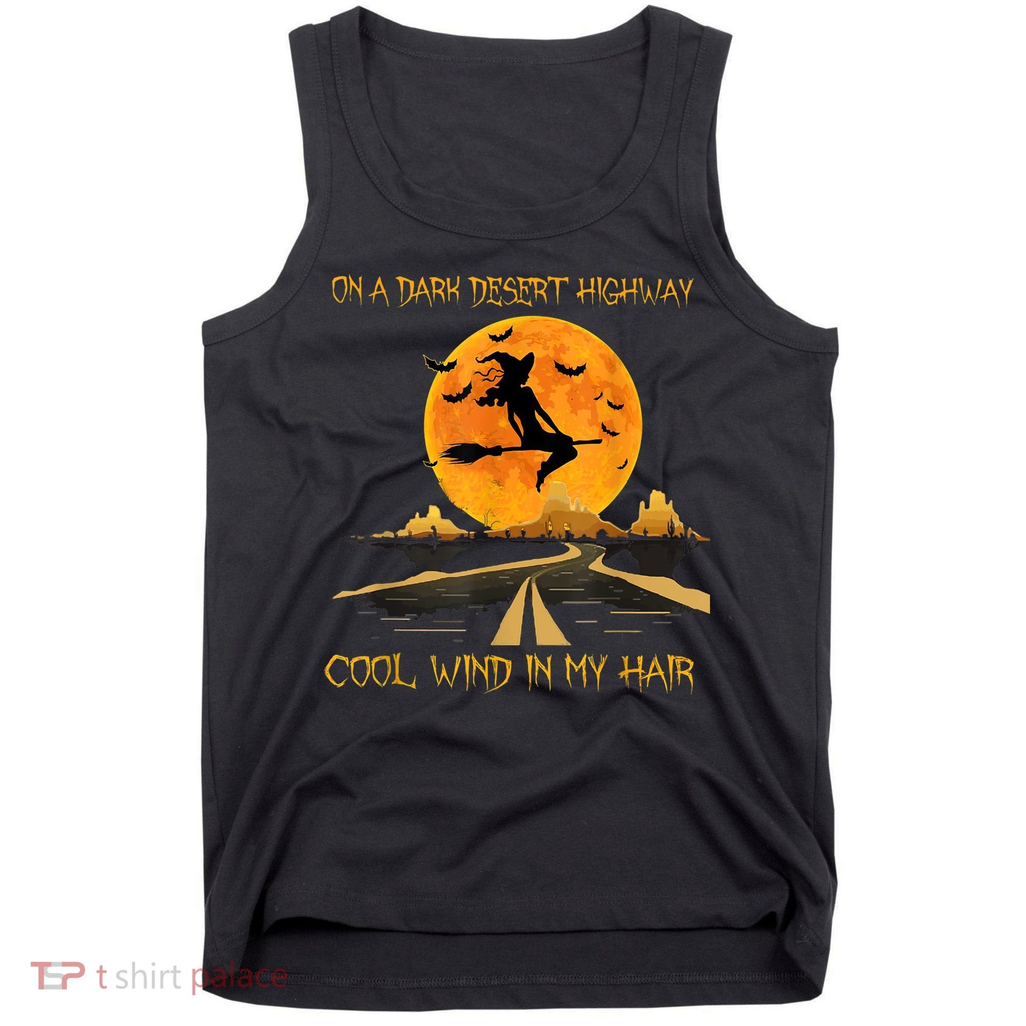 Happy Halloween Witch Riding Brooms On A Dark Desert Highway Tank Top