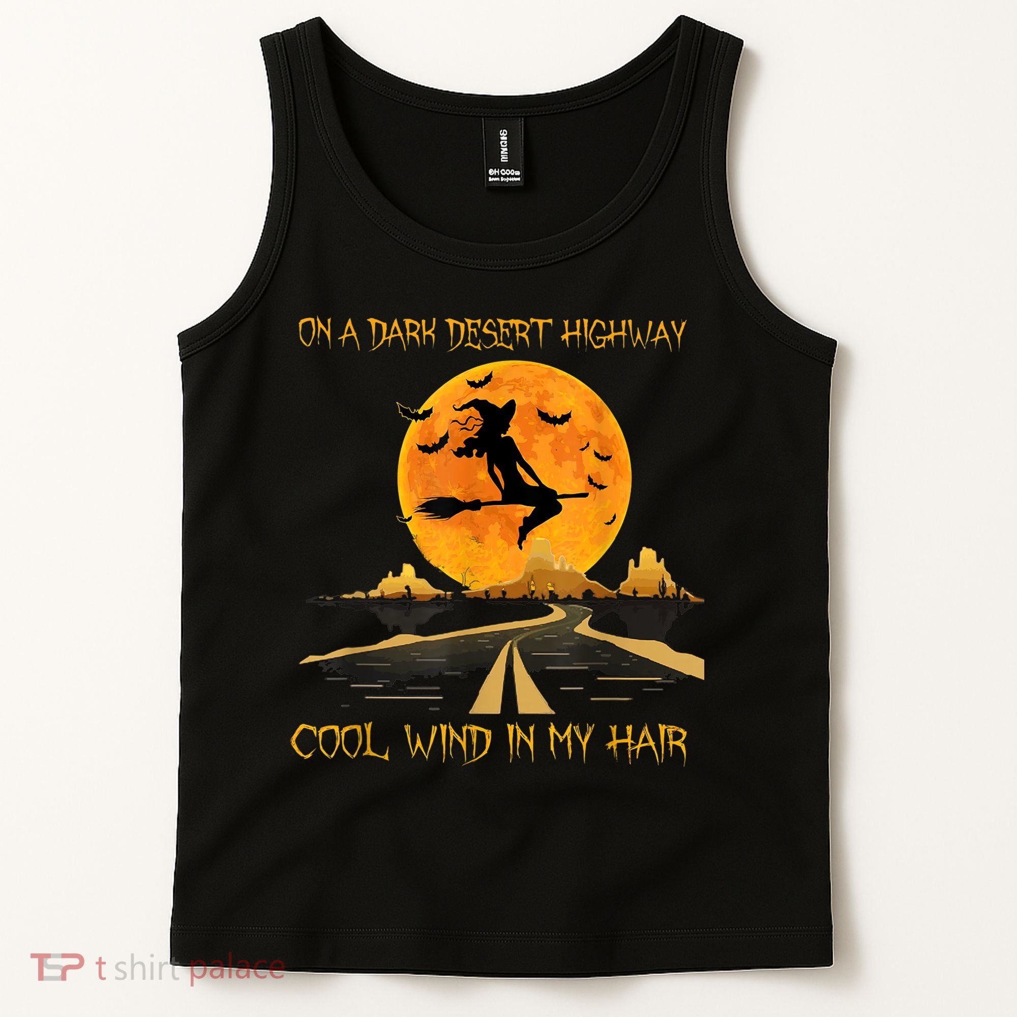 Happy Halloween Witch Riding Brooms On A Dark Desert Highway Tank Top