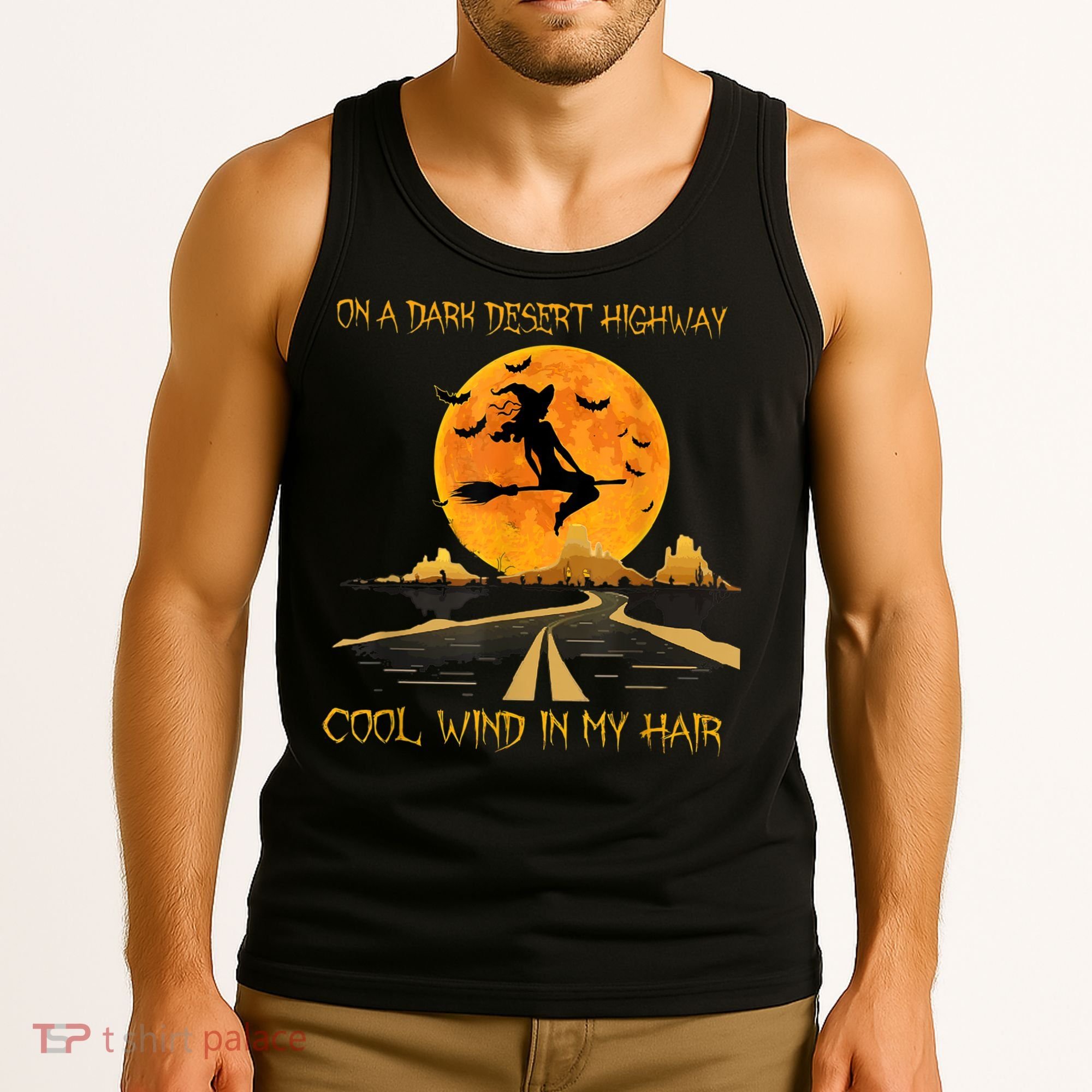 Happy Halloween Witch Riding Brooms On A Dark Desert Highway Tank Top