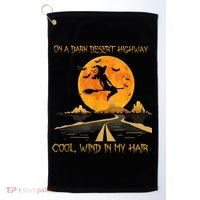 Happy Halloween Witch Riding Brooms On A Dark Desert Highway Golf Towel thumb 0