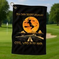 Happy Halloween Witch Riding Brooms On A Dark Desert Highway Golf Towel thumb 1