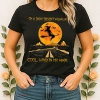 Happy Halloween Witch Riding Brooms On A Dark Desert Highway Women's T-Shirt thumb 2