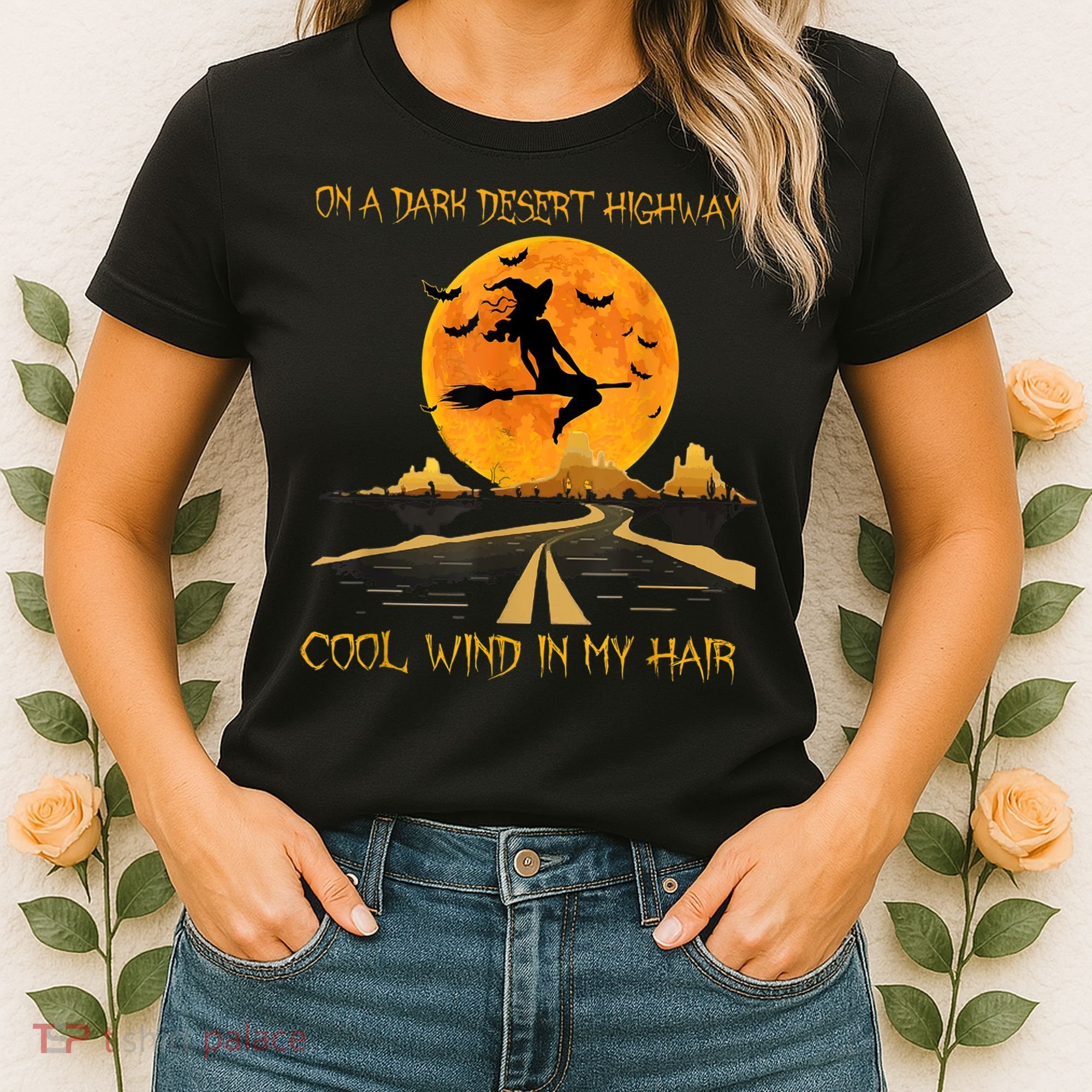 Happy Halloween Witch Riding Brooms On A Dark Desert Highway Women's T-Shirt