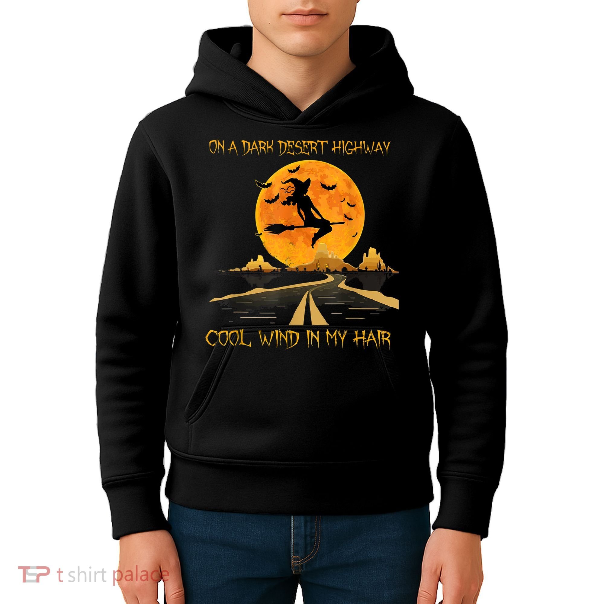 Happy Halloween Witch Riding Brooms On A Dark Desert Highway Kids Hoodie