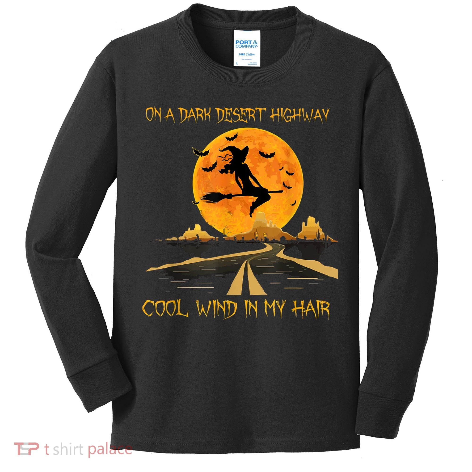 Happy Halloween Witch Riding Brooms On A Dark Desert Highway Kids Long Sleeve Shirt