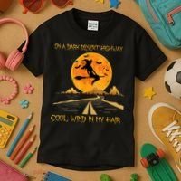 Happy Halloween Witch Riding Brooms On A Dark Desert Highway Kids T-Shirt thumb 3