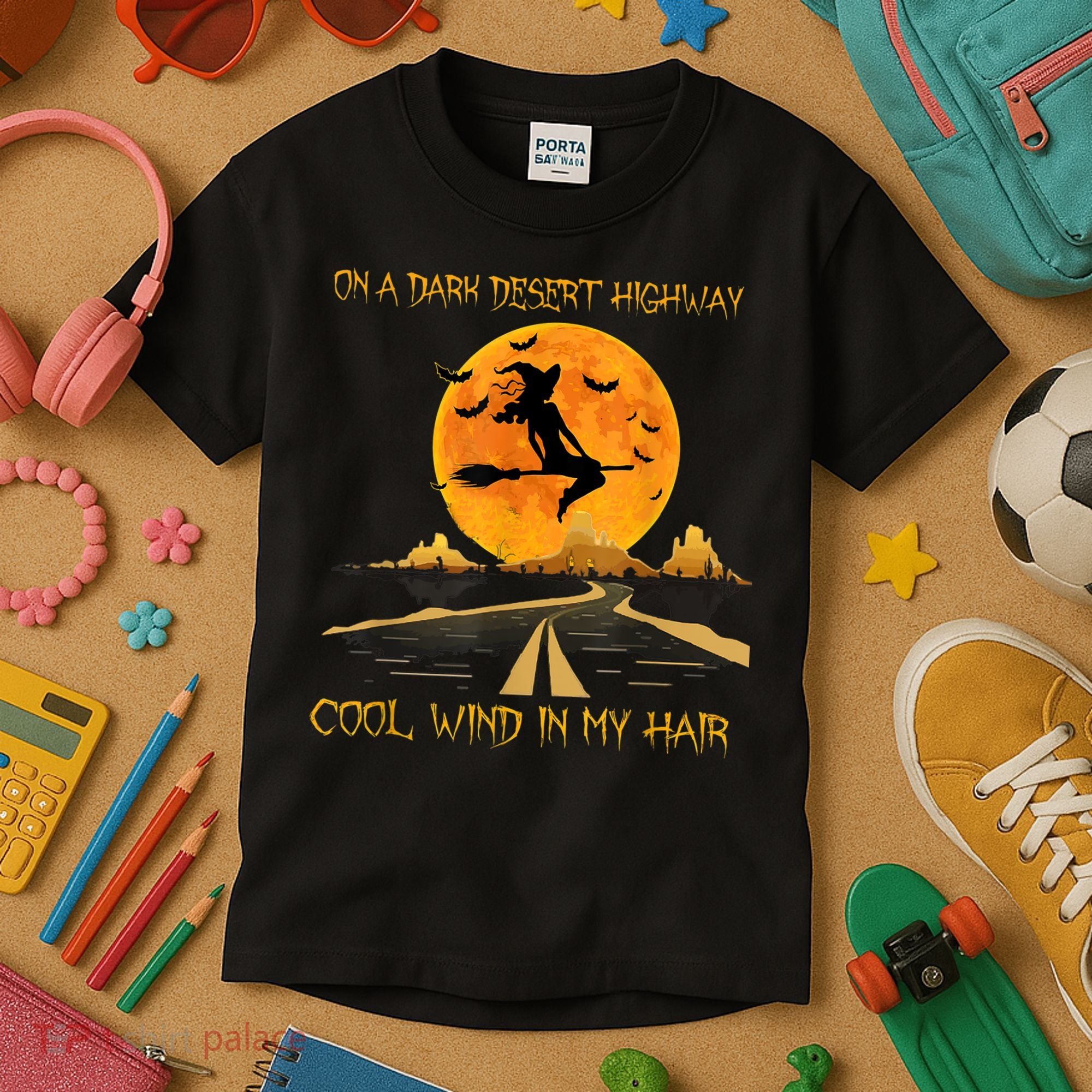 Happy Halloween Witch Riding Brooms On A Dark Desert Highway Kids T-Shirt