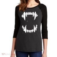 Halloween Horror Wolf Dog Vampire Monster Teeth Costume Women's Tri-Blend 3/4-Sleeve Raglan Shirt thumb 2