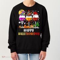 Happy Hallothanksmas Wine Glasses Wine Lover Gift Women's Sweatshirt thumb 0