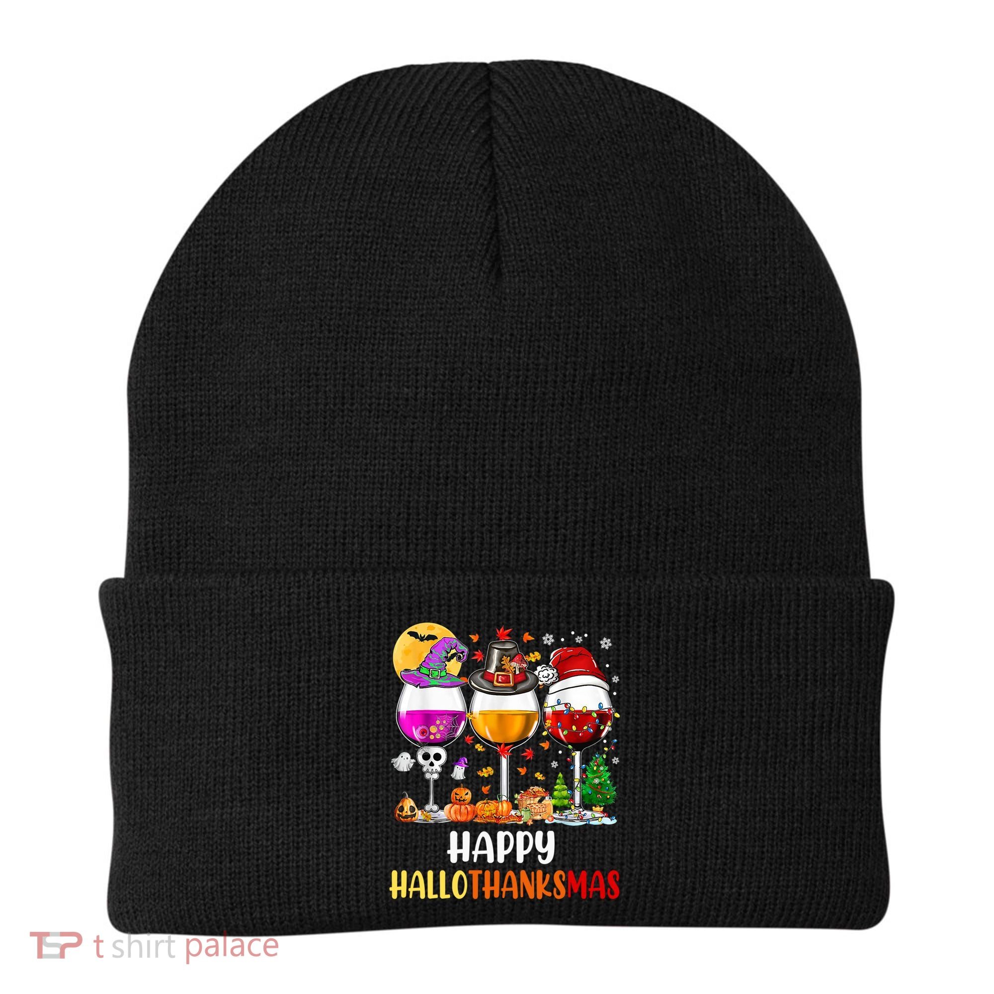 Happy Hallothanksmas Wine Glasses Wine Lover Gift Beanie