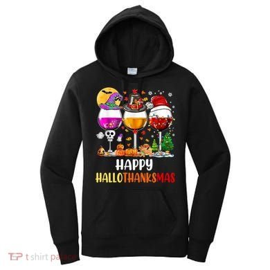 Happy Hallothanksmas Wine Glasses Wine Lover Gift Women's Hoodie