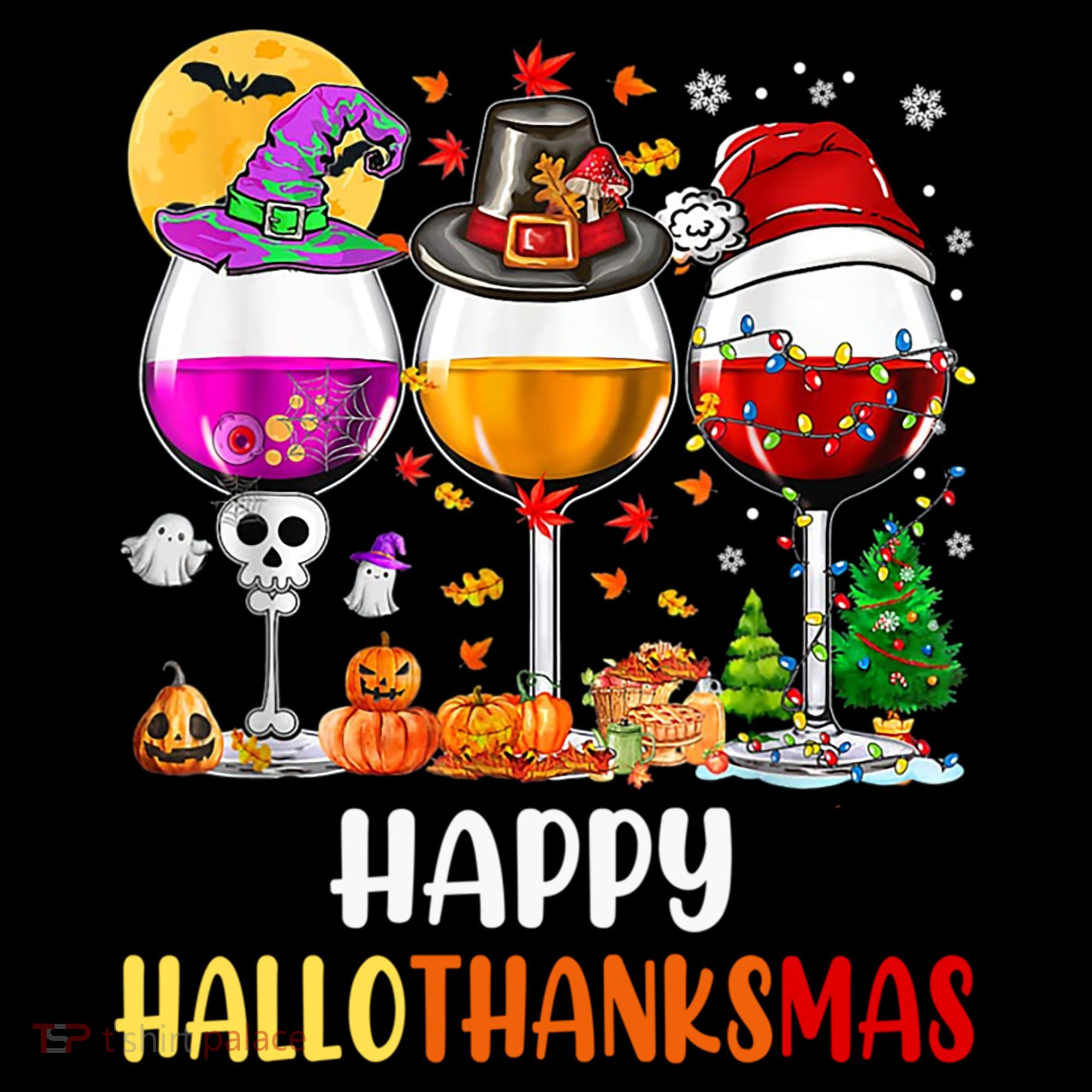 Happy Hallothanksmas Wine Glasses Wine Lover Gift Women's Hoodie