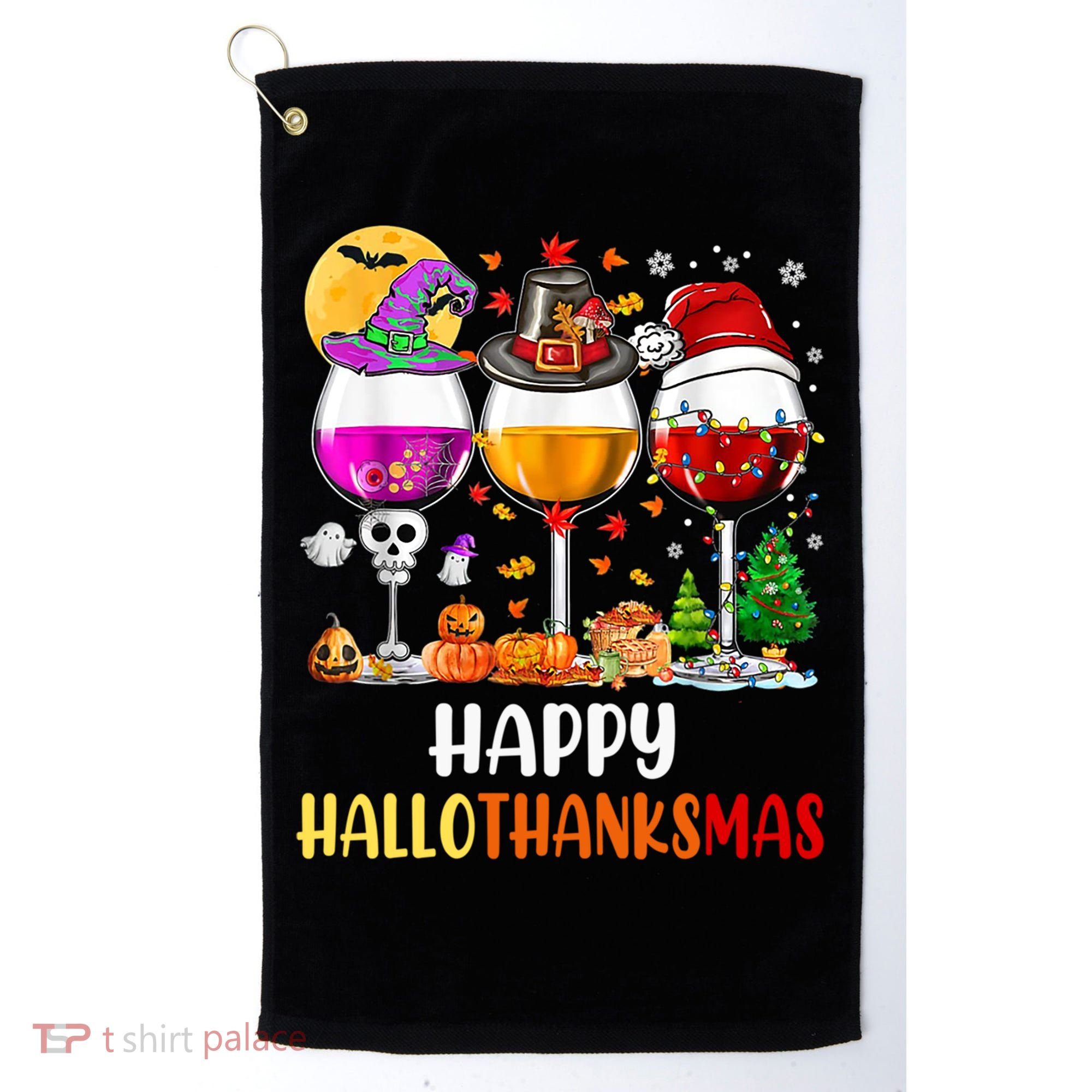 Happy Hallothanksmas Wine Glasses Wine Lover Gift Golf Towel
