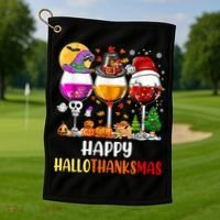 Happy Hallothanksmas Wine Glasses Wine Lover Gift Golf Towel thumb 1