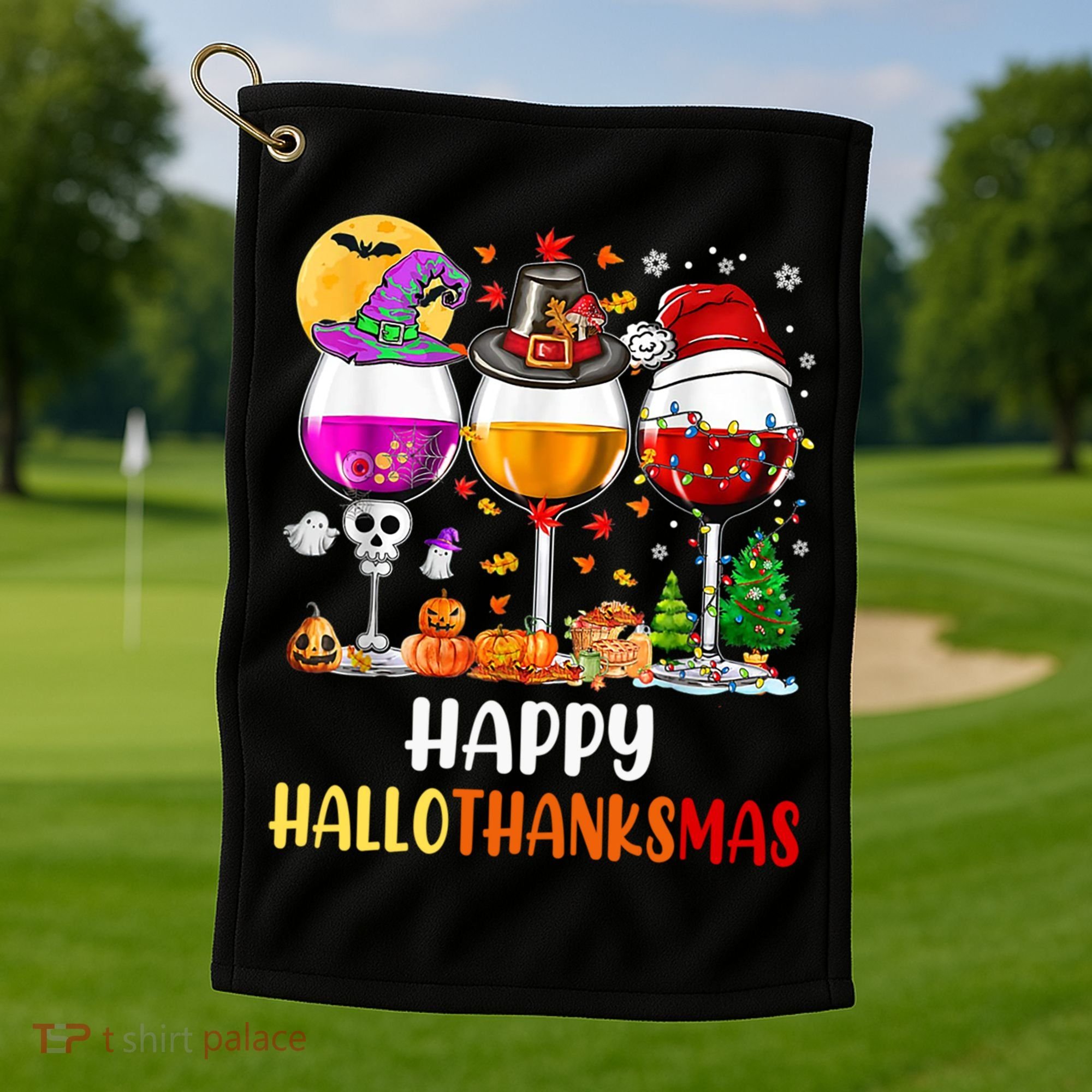 Happy Hallothanksmas Wine Glasses Wine Lover Gift Golf Towel