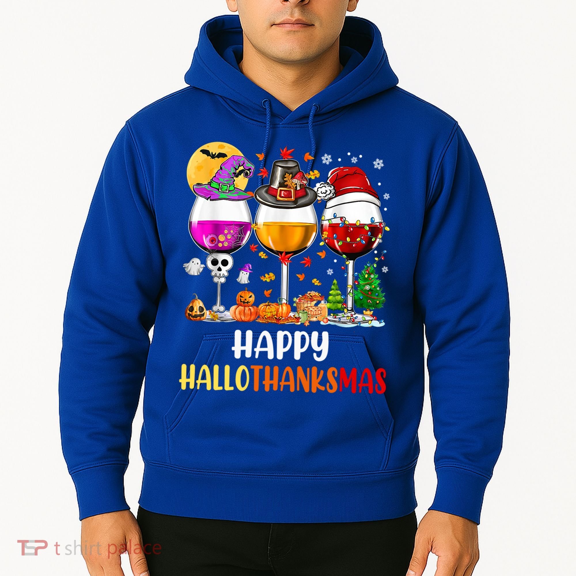 Happy Hallothanksmas Wine Glasses Wine Lover Gift Hoodie