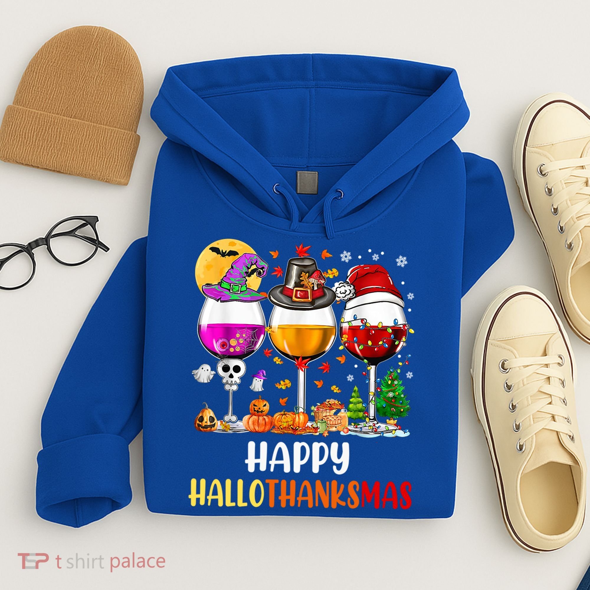 Happy Hallothanksmas Wine Glasses Wine Lover Gift Hoodie