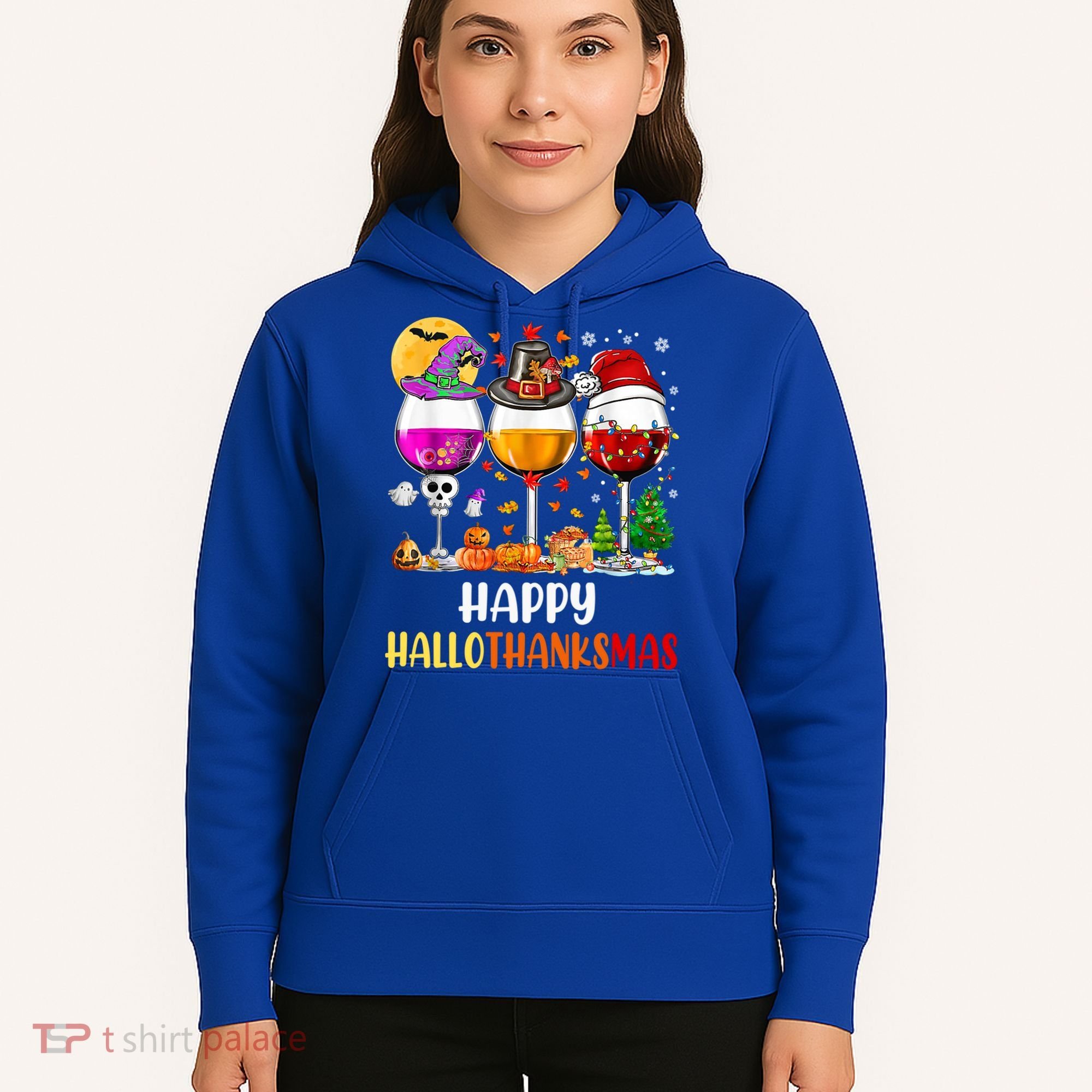 Happy Hallothanksmas Wine Glasses Wine Lover Gift Hoodie