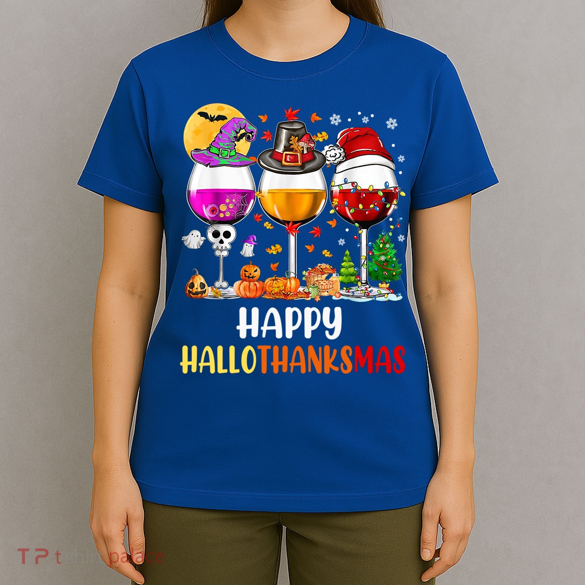 Happy Hallothanksmas Wine Glasses Wine Lover Gift T-Shirt