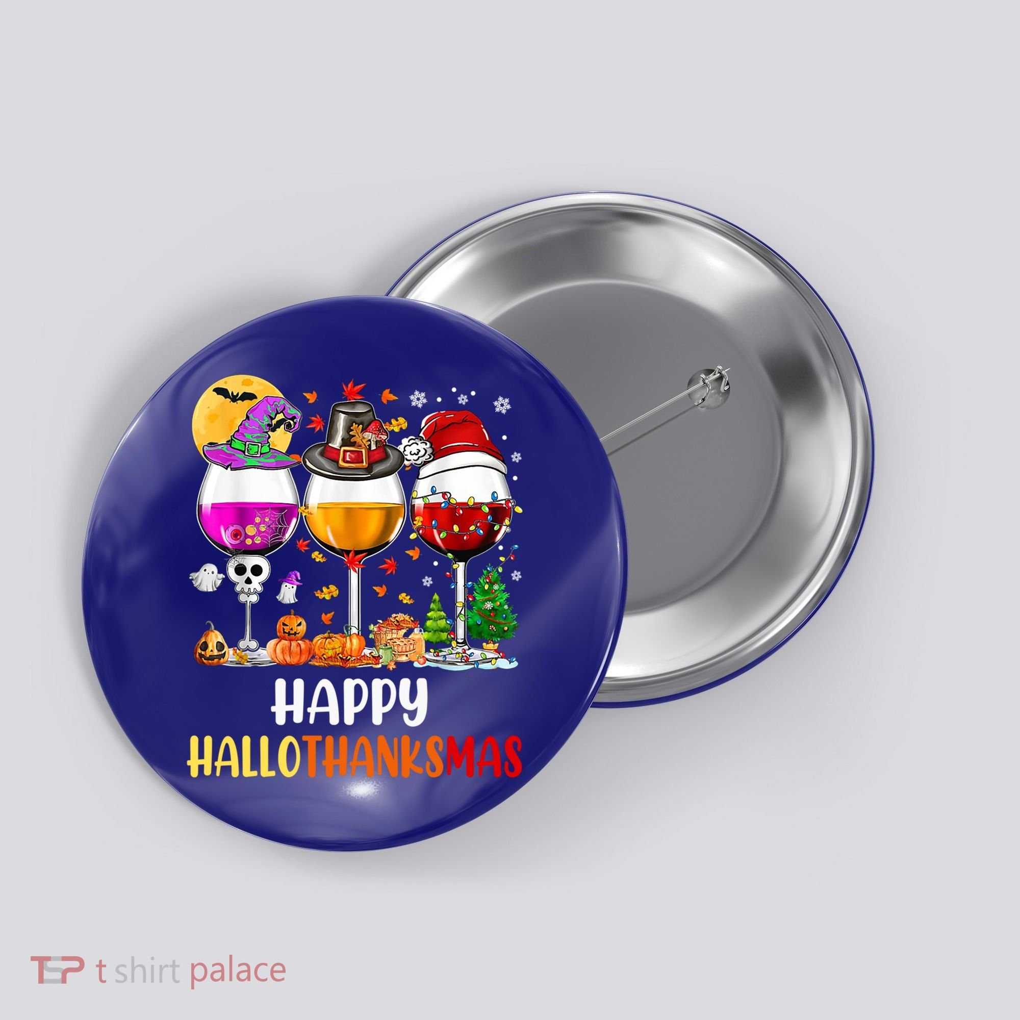 Happy Hallothanksmas Wine Glasses Wine Lover Gift Button