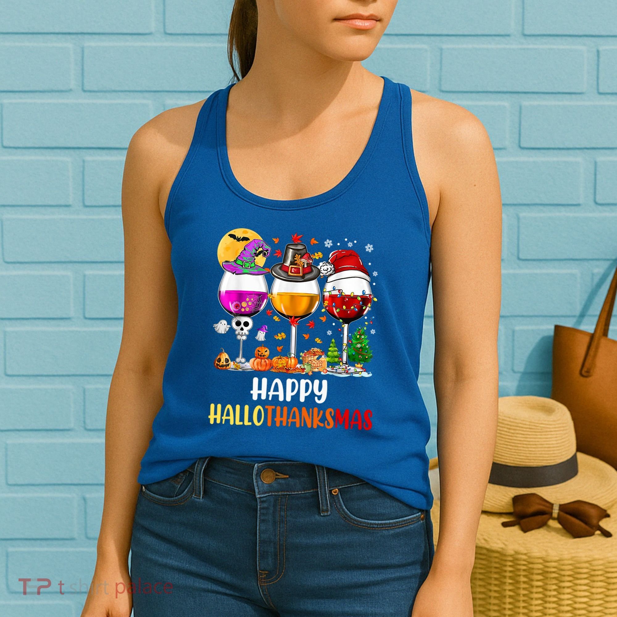 Happy Hallothanksmas Wine Glasses Wine Lover Gift Women's Tank Top