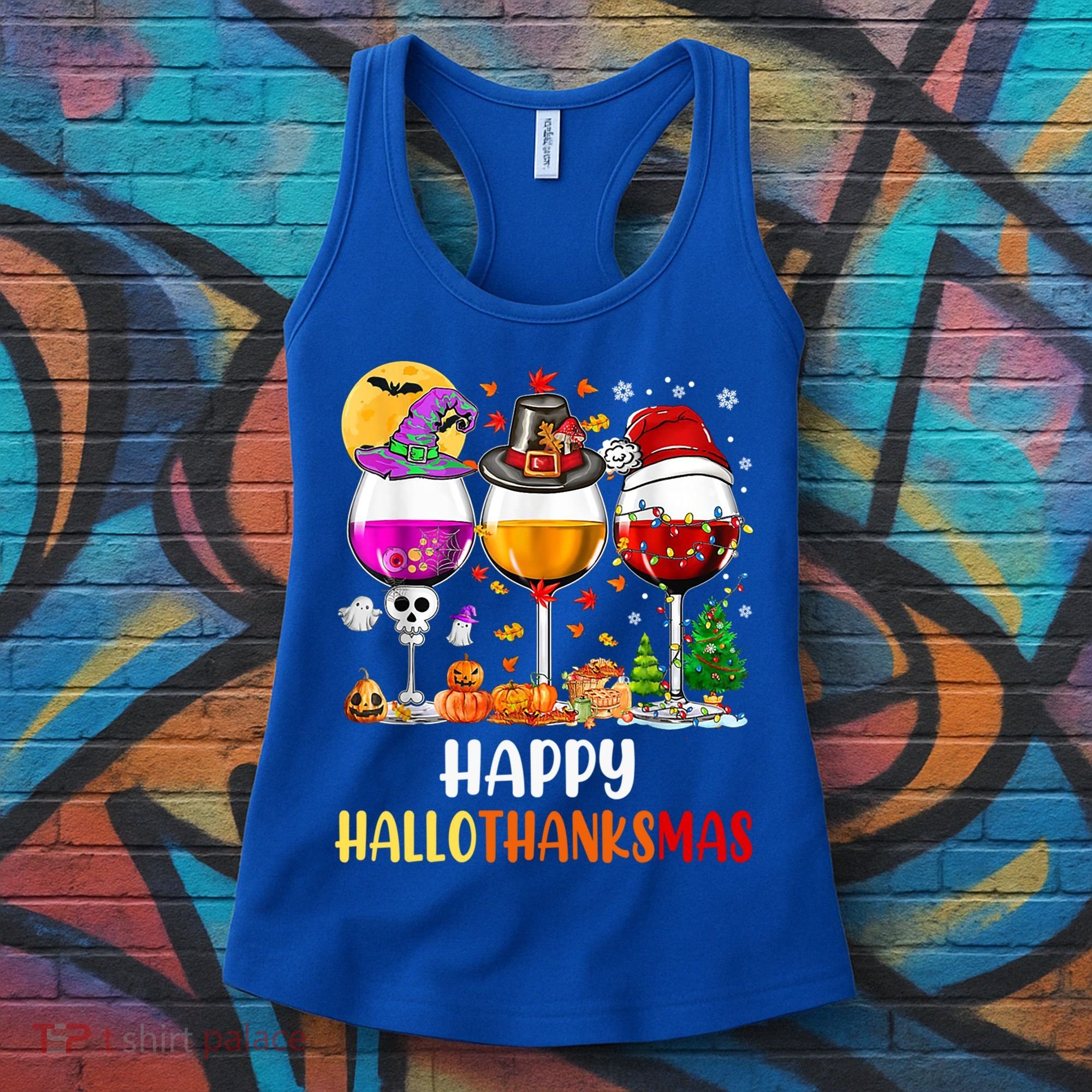 Happy Hallothanksmas Wine Glasses Wine Lover Gift Women's Tank Top