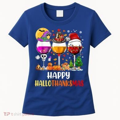 Happy Hallothanksmas Wine Glasses Wine Lover Gift Women's T-Shirt