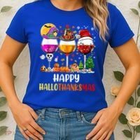Happy Hallothanksmas Wine Glasses Wine Lover Gift Women's T-Shirt thumb 2