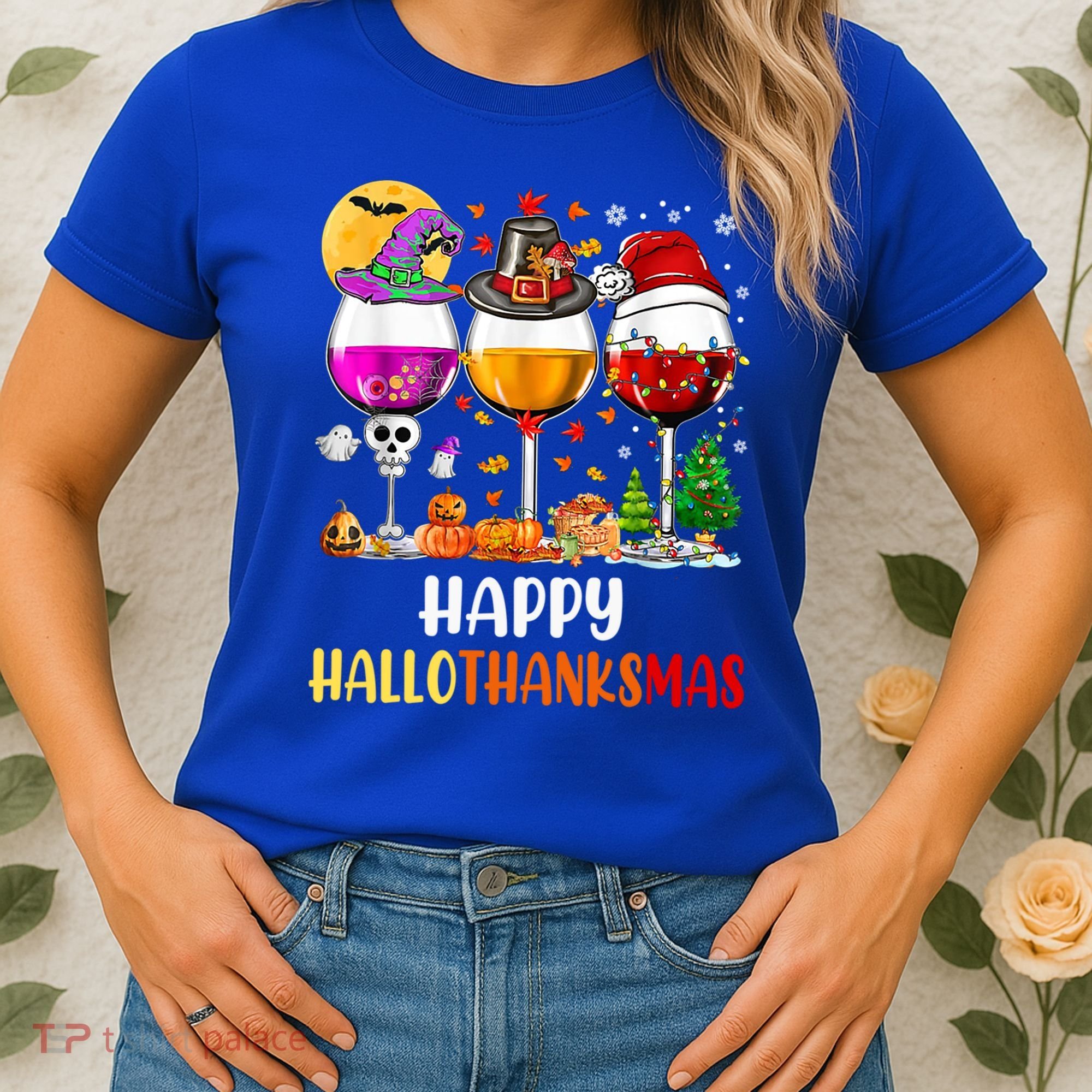 Happy Hallothanksmas Wine Glasses Wine Lover Gift Women's T-Shirt