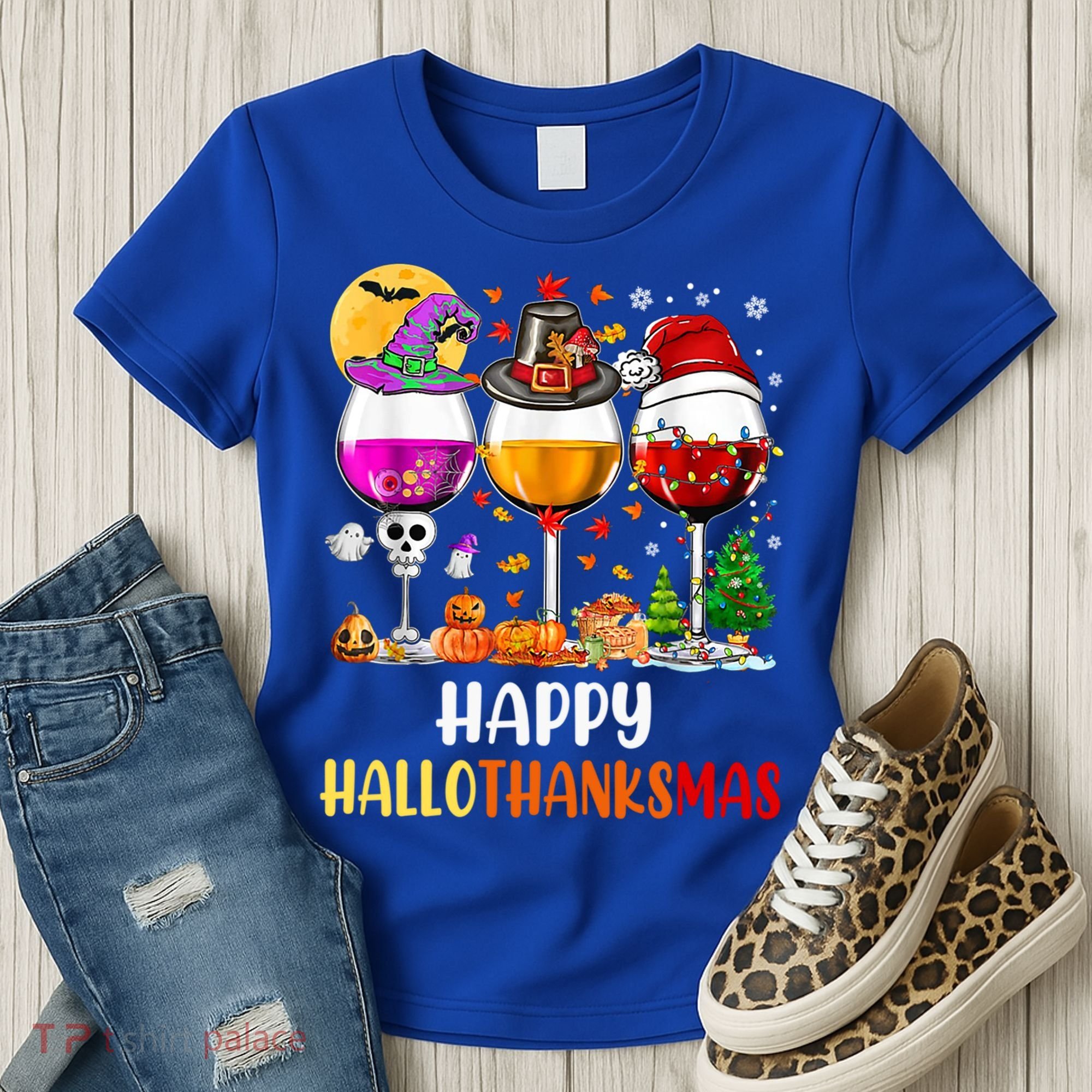 Happy Hallothanksmas Wine Glasses Wine Lover Gift Women's T-Shirt