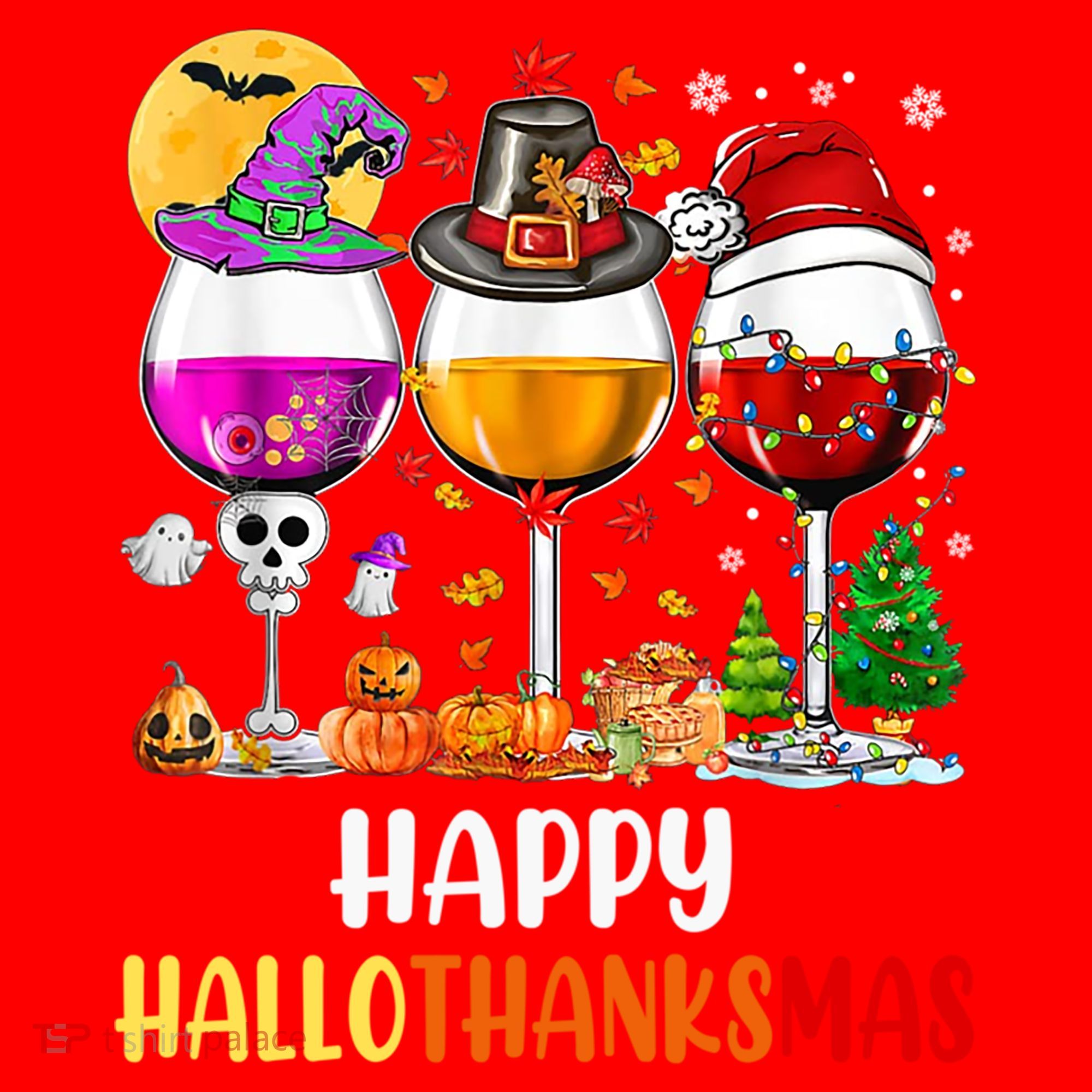 Happy Hallothanksmas Wine Glasses Wine Lover Gift Santa Hat