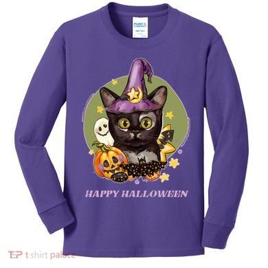 Happy Halloween Witchy Kitty Design Kids Long Sleeve Shirt