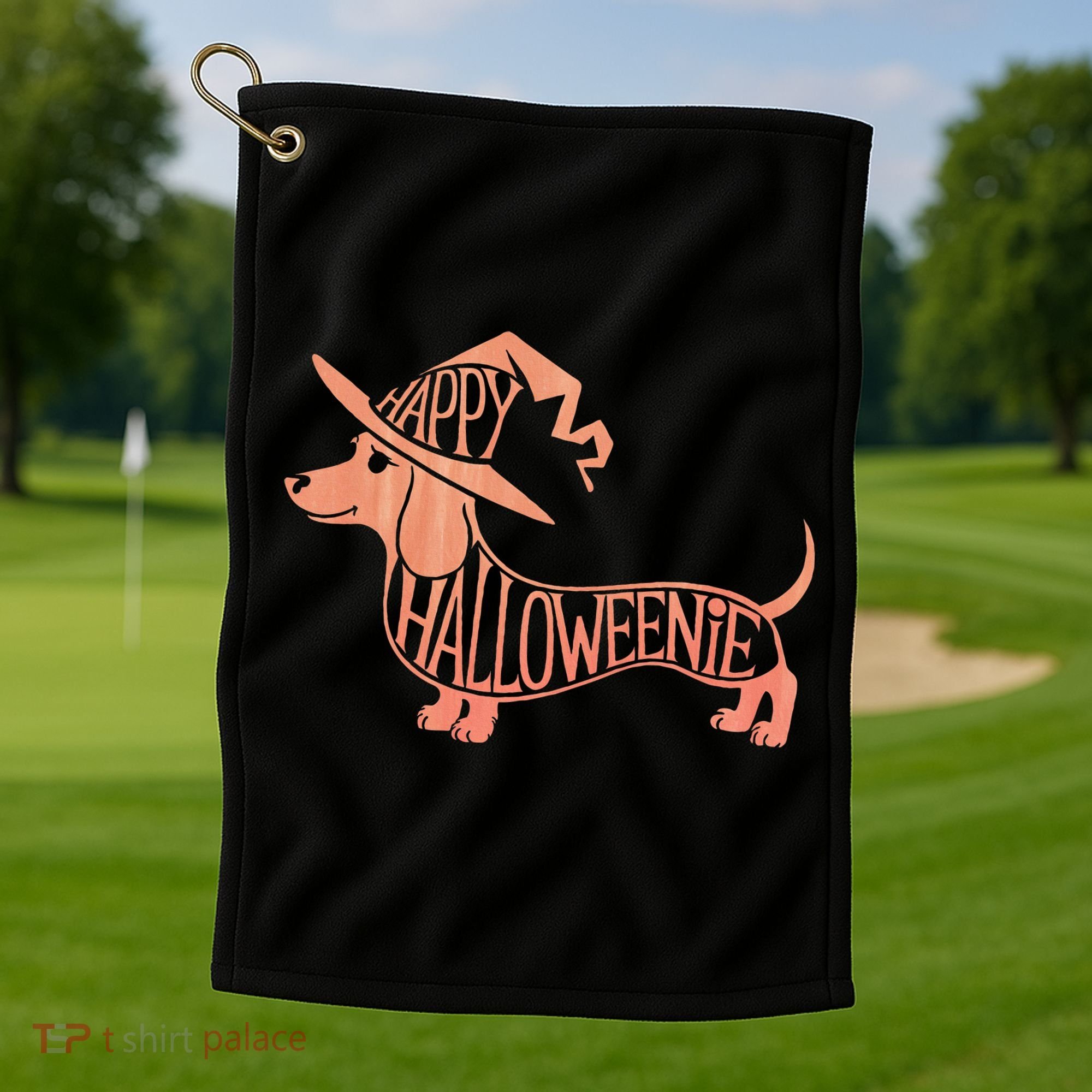 Happy Halloweenie Weiner Dog Cute Dachshund Witch Hat Golf Towel