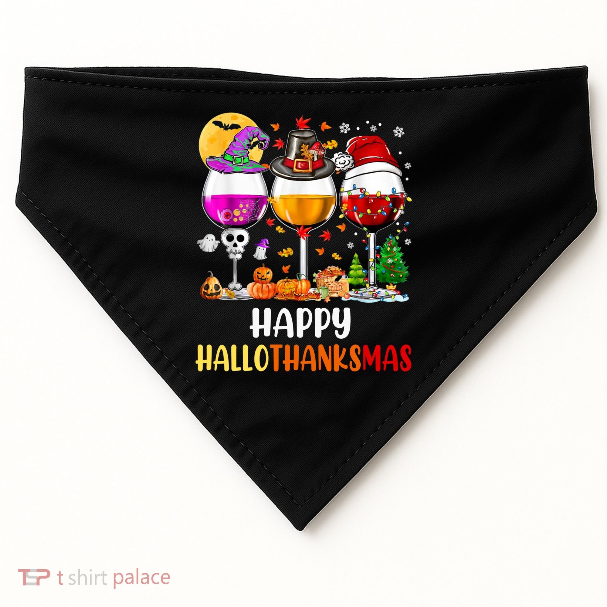 Happy Hallothanksmas Wine Glasses Wine Lover Long Sleeve USA-Made Doggie Bandana