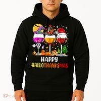 Happy Hallothanksmas Wine Glasses Wine Lover Long Sleeve Hoodie thumb 2