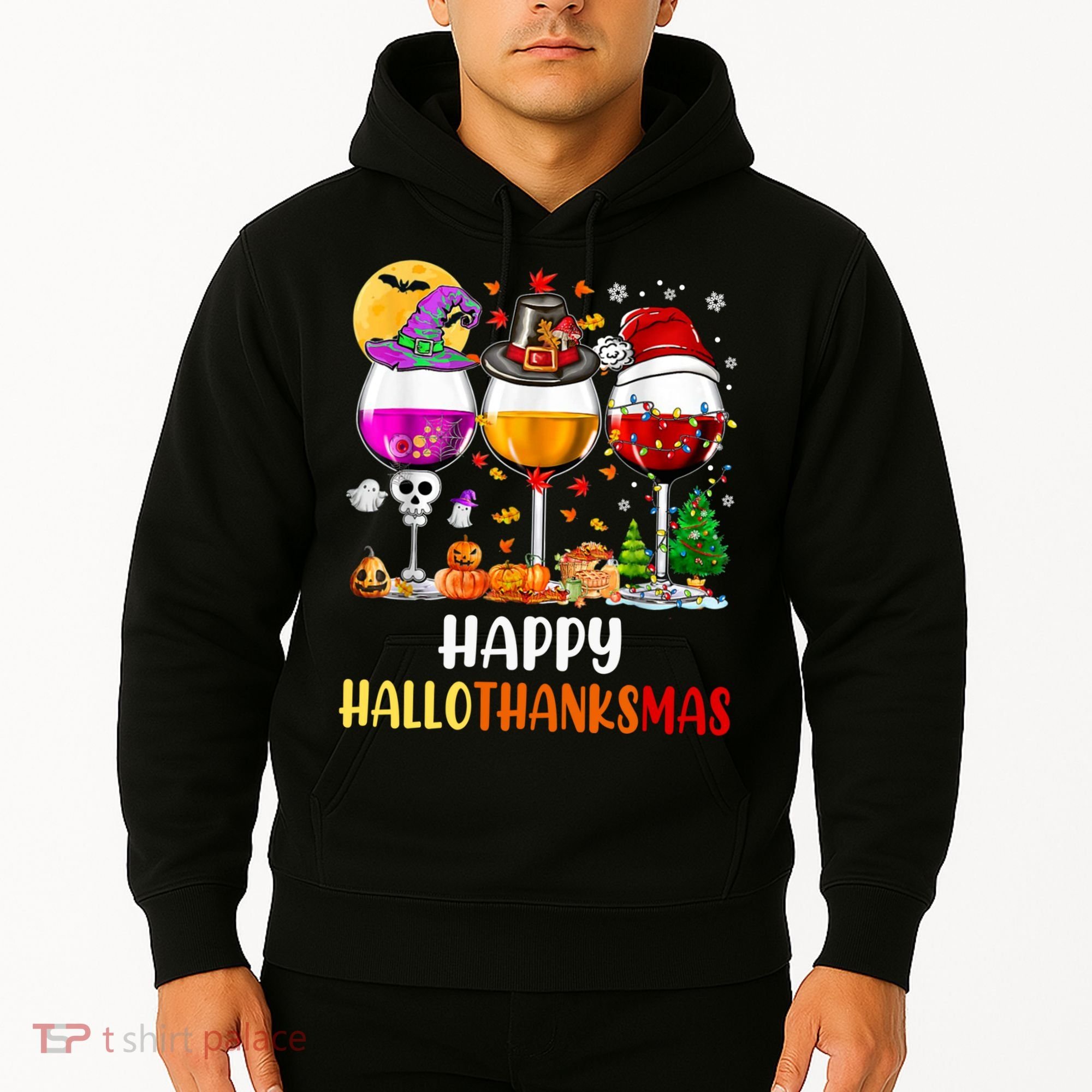 Happy Hallothanksmas Wine Glasses Wine Lover Long Sleeve Hoodie