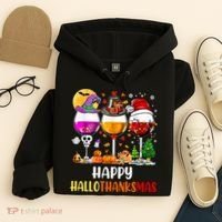 Happy Hallothanksmas Wine Glasses Wine Lover Long Sleeve Hoodie thumb 4