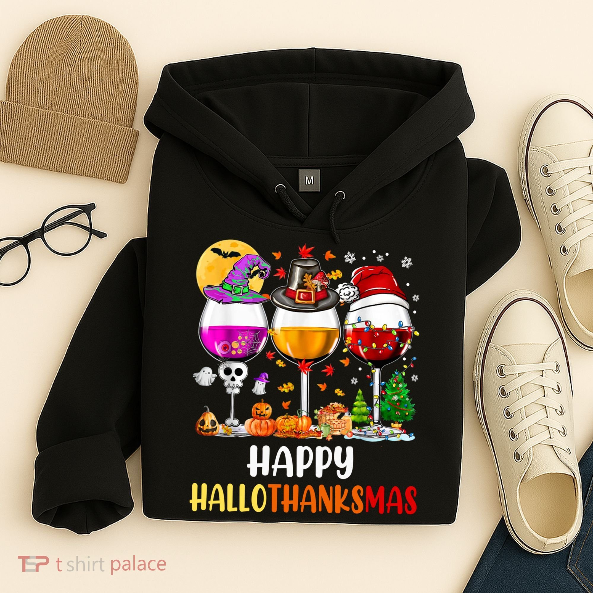Happy Hallothanksmas Wine Glasses Wine Lover Long Sleeve Hoodie