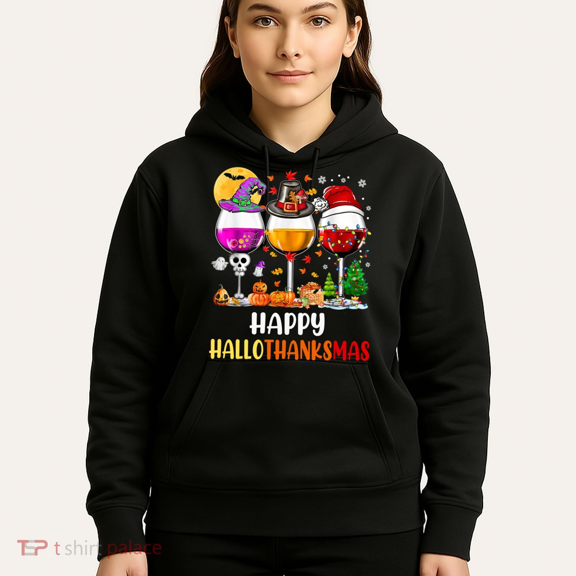 Happy Hallothanksmas Wine Glasses Wine Lover Long Sleeve Hoodie