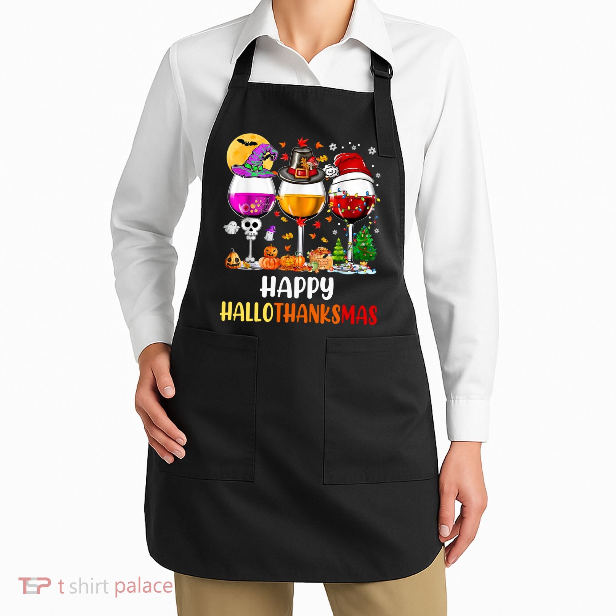 Happy Hallothanksmas Wine Glasses Wine Lover Long Sleeve Apron