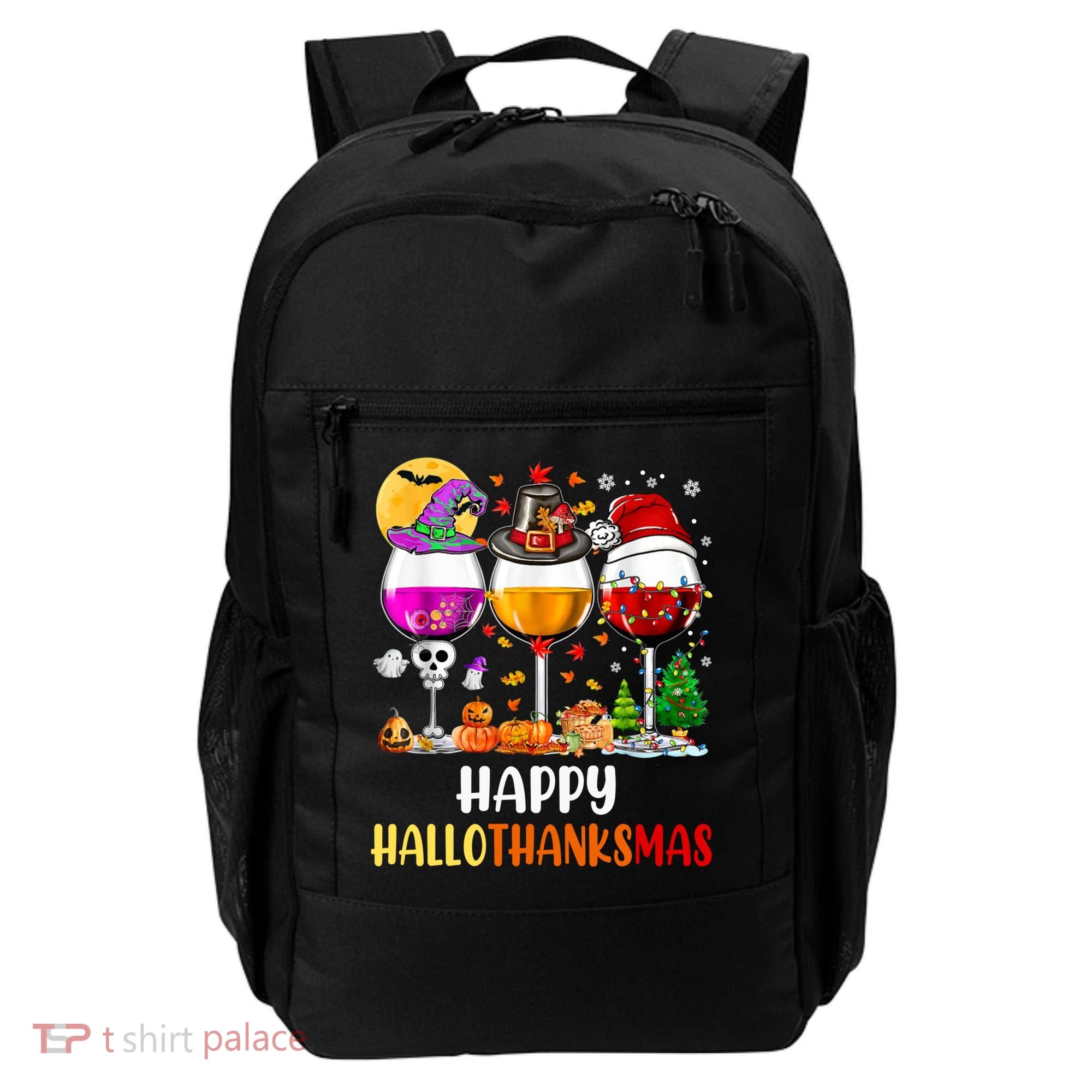 Happy Hallothanksmas Wine Glasses Wine Lover Long Sleeve Backpack