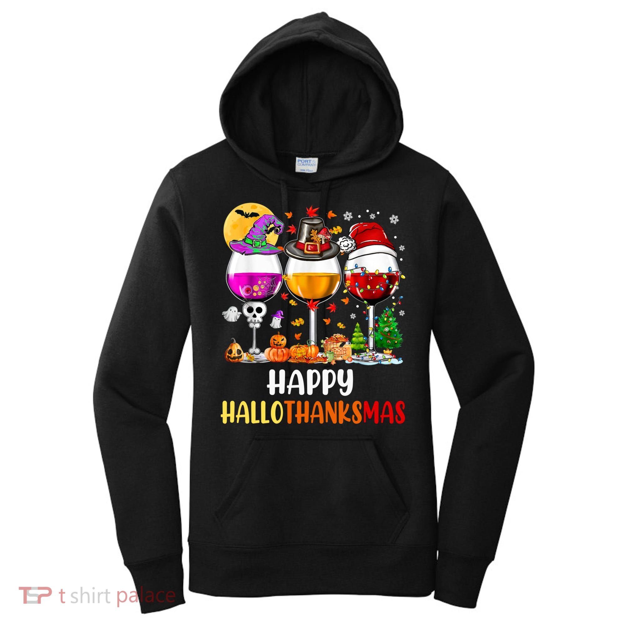 Happy Hallothanksmas Wine Glasses Wine Lover Long Sleeve Women's Hoodie