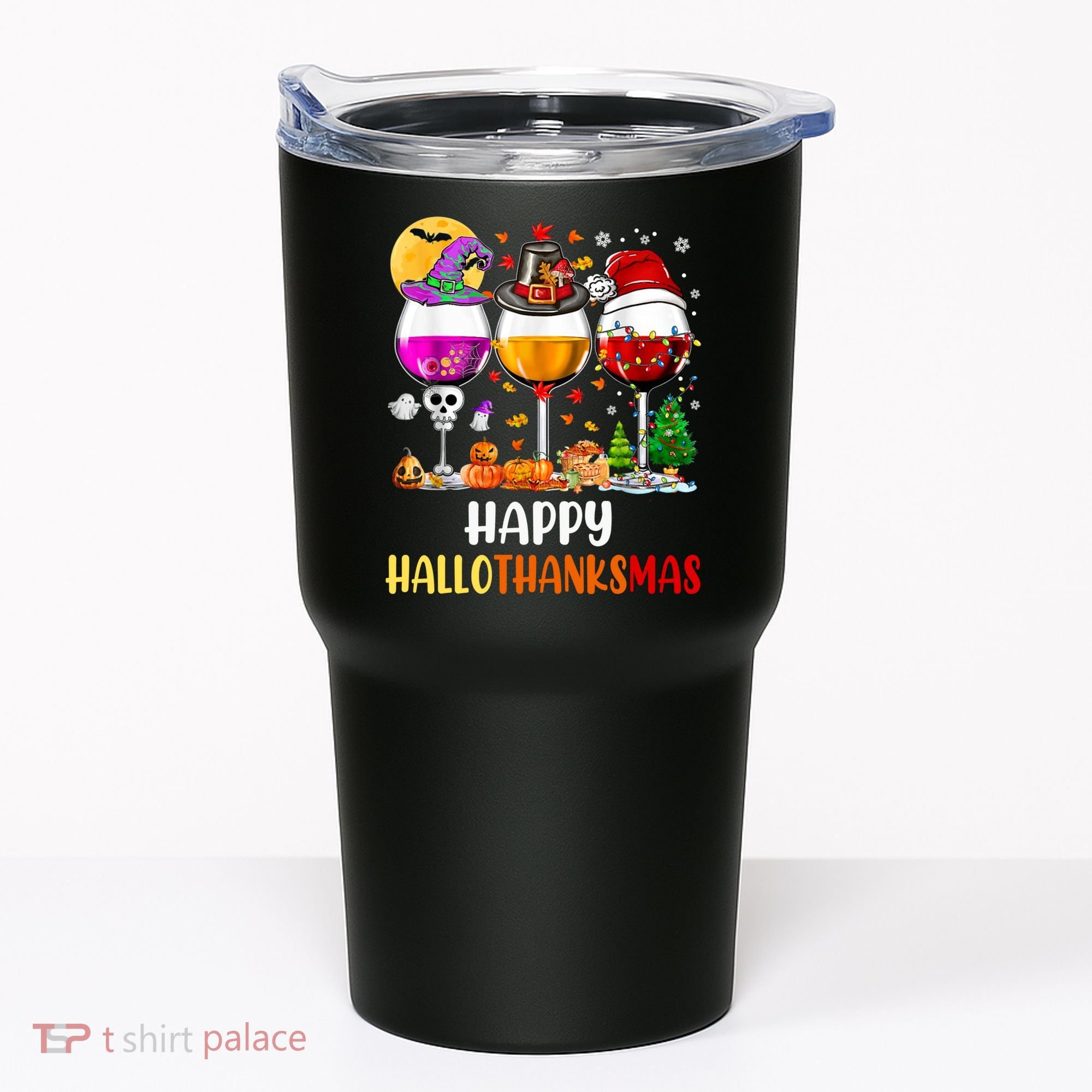Happy Hallothanksmas Wine Glasses Wine Lover Long Sleeve Tumbler
